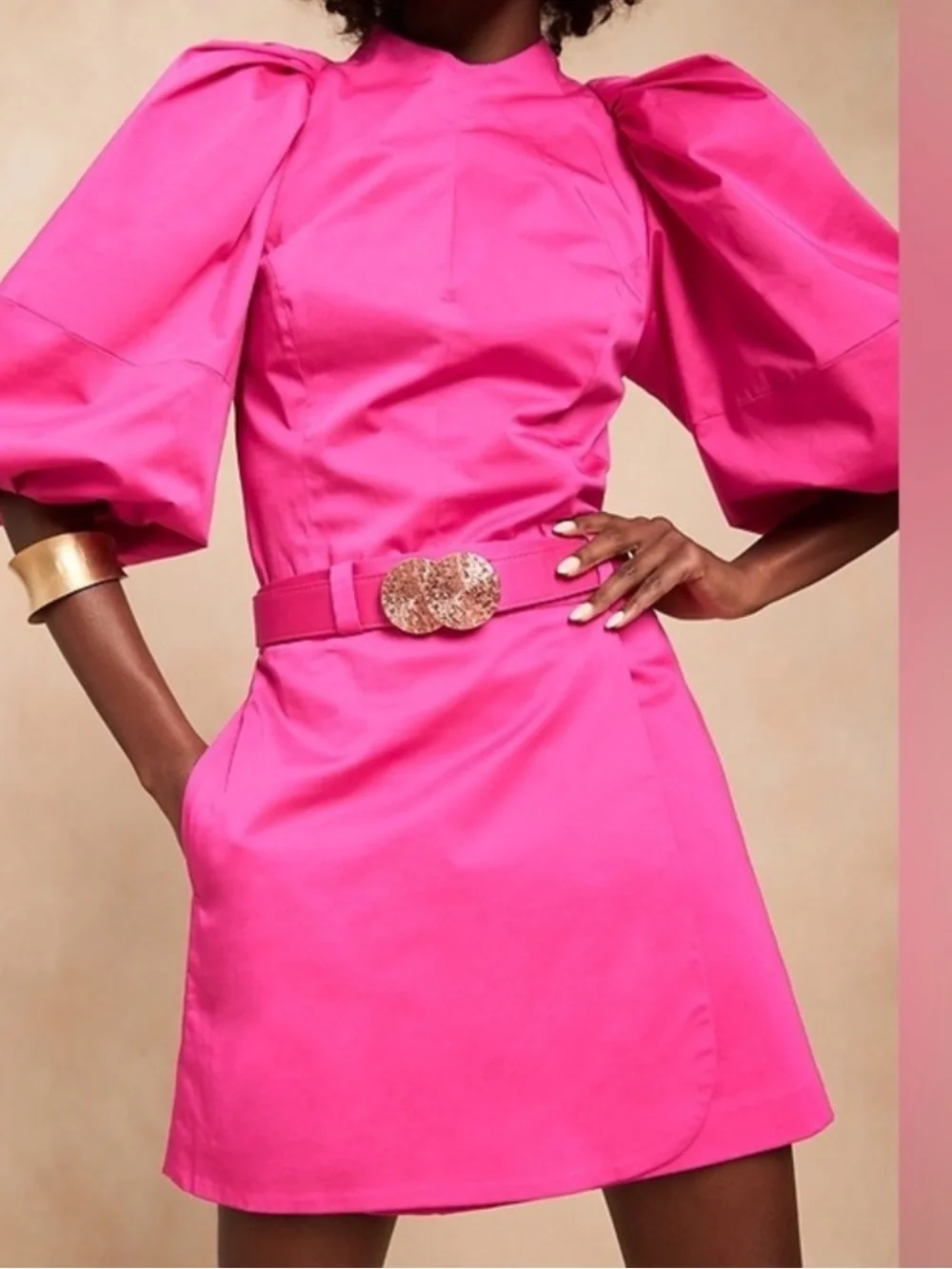 BR X Harbison Hot Pink Puff-Sleeve Smocked Backless Blouse Ai17
